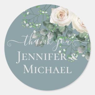 White Roses Sage Eucalyptus Leaves Wedding Budget Classic Round Sticker