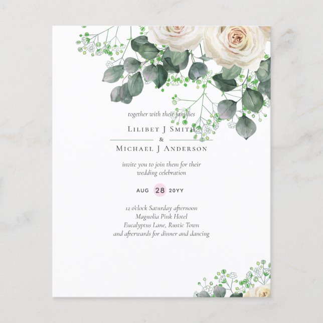 White Roses Sage Eucalyptus Leaves Wedding Budget Flyer (Front)