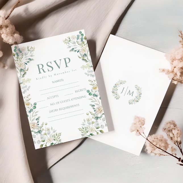White Roses Sage Eucalyptus Wedding RSVP Cards (Creator Uploaded)