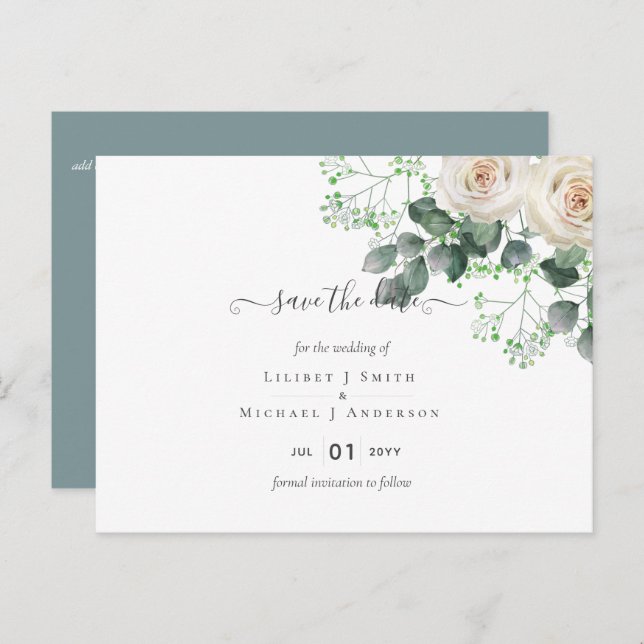White Roses Sage Eucalyptus Wedding Save Dates Postcard (Front/Back)
