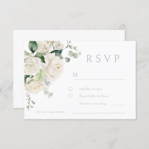 White Roses & Sage Leaf Wedding RSVP Card