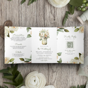 White Roses Sage Leaves Mason Jar QR Code Wedding Tri-Fold Invitation