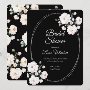 White Roses Silver Rings Black Bridal Shower Invitation