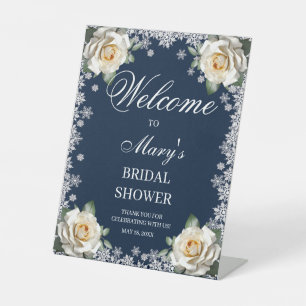 White Roses Snowflake Christmas Bridal Shower Pedestal Sign