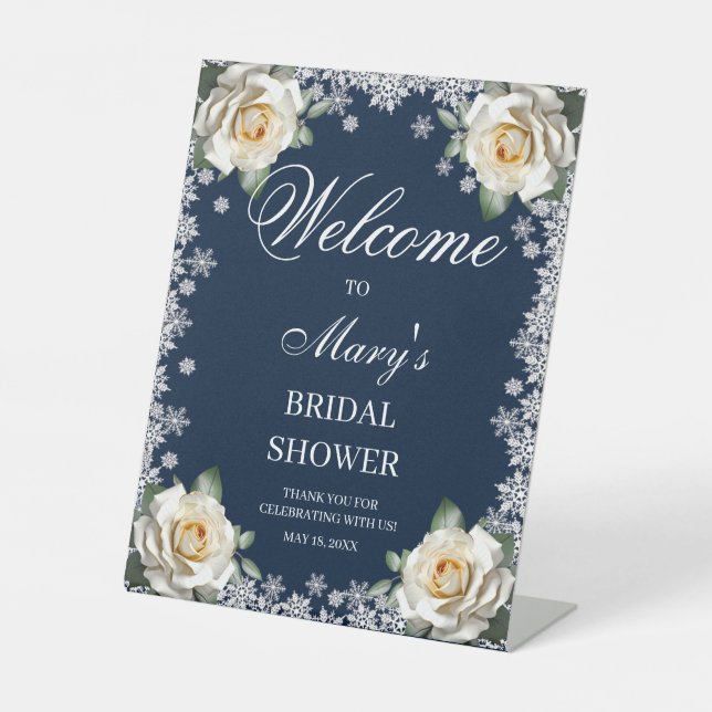 White Roses Snowflake Christmas Bridal Shower  Pedestal Sign (Front)