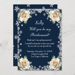 White Roses Snowflake Christmas Bridesmaid Invitation