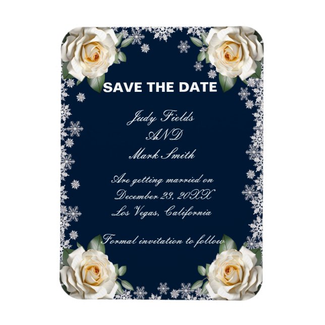 White Roses Snowflake Christmas Save The Date Magnet (Vertical)