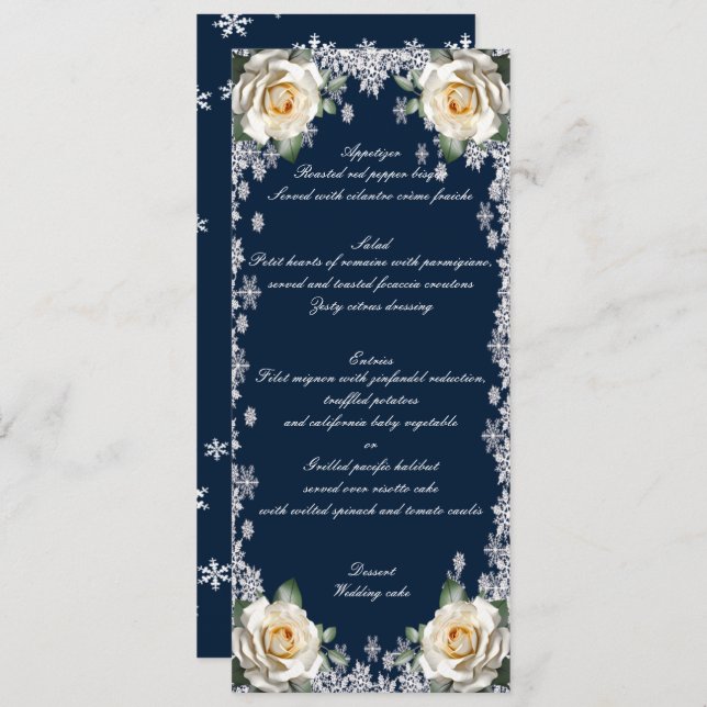 White Roses Snowflake Christmas Wedding Menu (Front/Back)