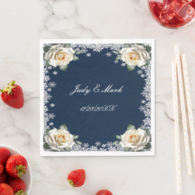 White Roses Snowflake Christmas Wedding Napkin (Insitu)