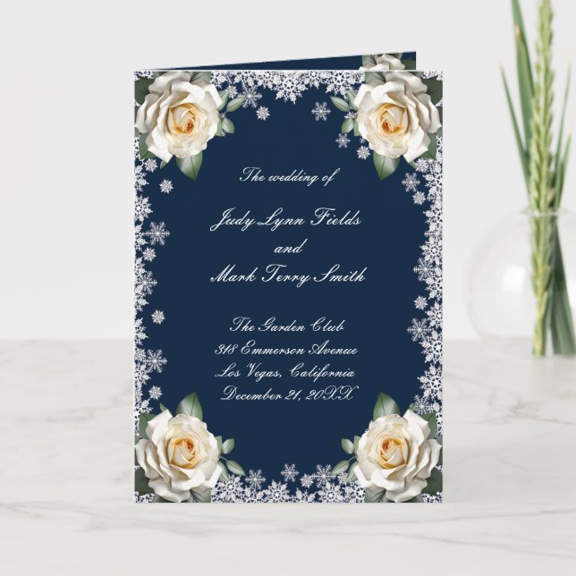 White Roses Snowflake Christmas Wedding Program (Front)