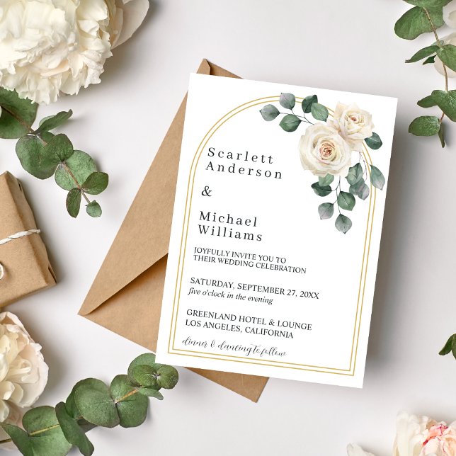 White roses Spring Floral Romantic Wedding Invitation (Angled view minimal floral golden wedding arch soft botanical romantic timeless wedding invitation)
