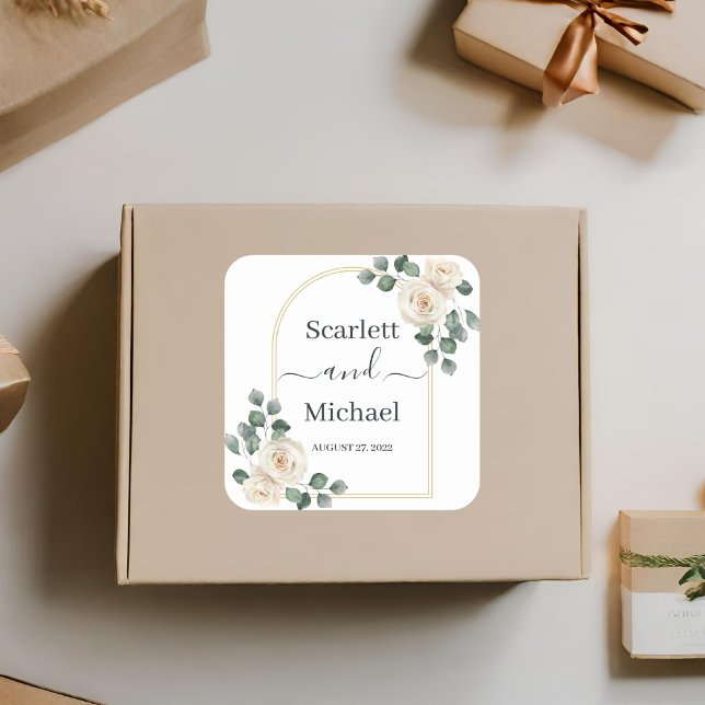White roses Spring Floral Romantic Wedding Square Sticker (Top view elegant luxury classic gold white foliage soft botanical romantic timeless wedding sticker)