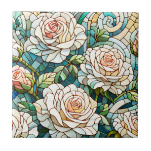White Roses Stained Glass Mosaic Ceramic Tile