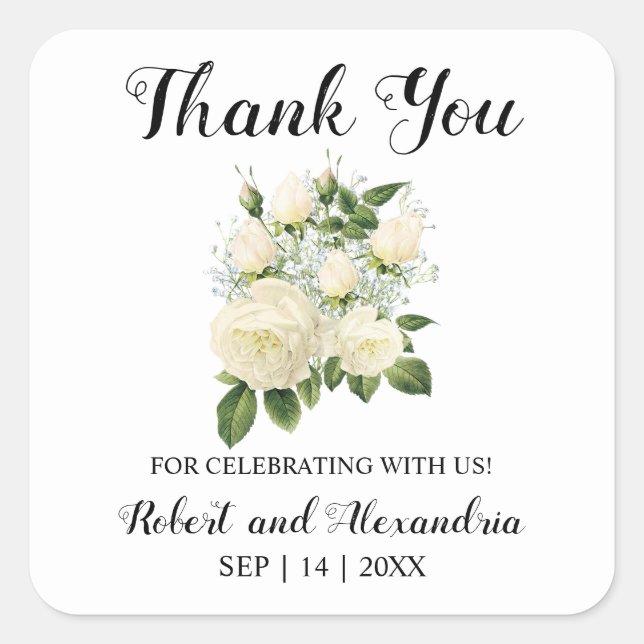 White Roses Thank You for Coming Wedding Square Sticker (Front)