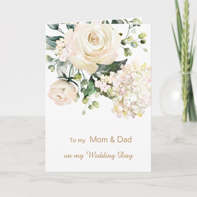 White roses To my Mum & Dad on my Wedding Day Thank You Card (Front)