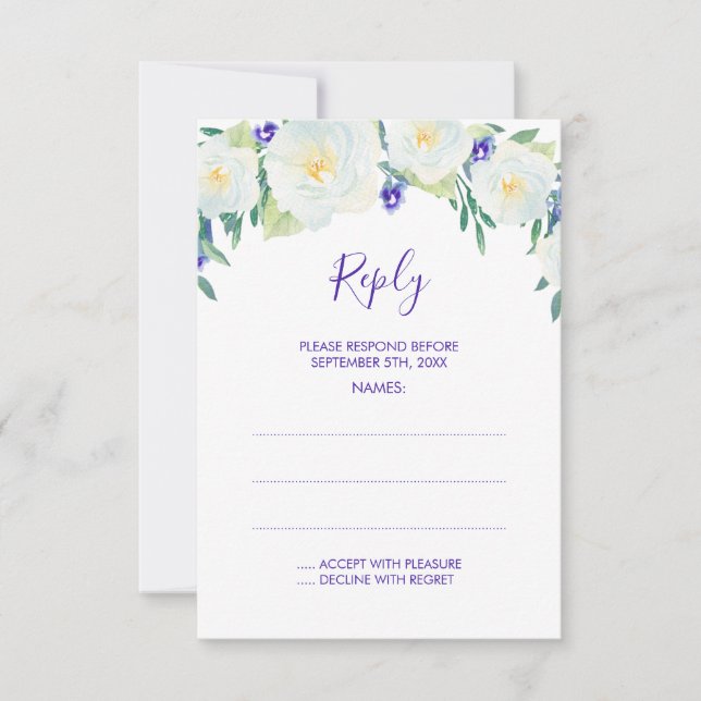White Roses & Violets Wedding Reply Cards (Front)