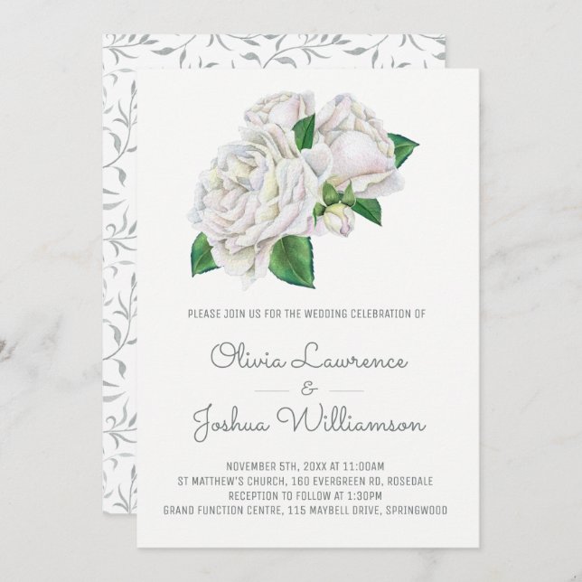 White Roses Watercolor Wedding Invitations (Front/Back)