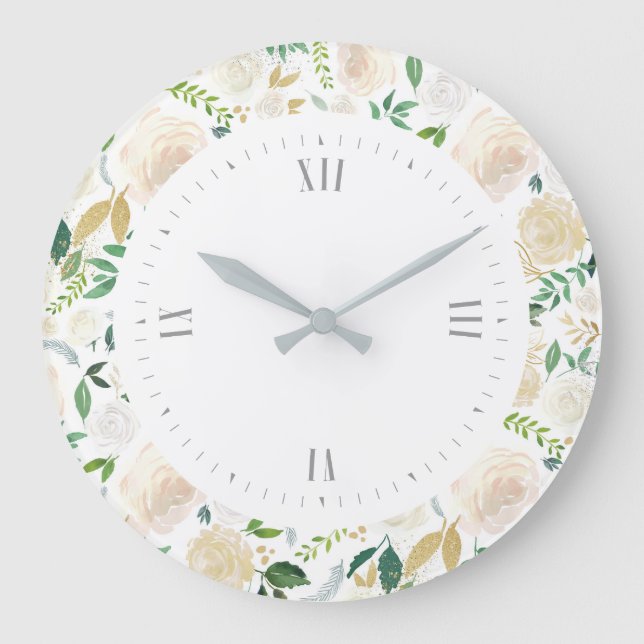 White roses watercolors pattern large clock (Front)