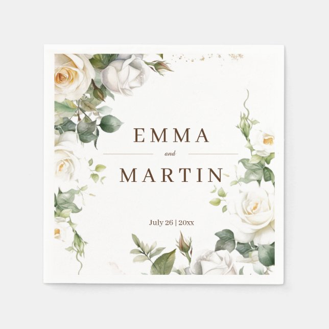 White Roses Wedding Elegant Florals Napkin (Front)