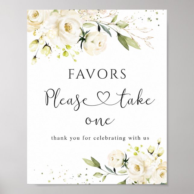 White Roses Wedding Favours Sign, Please Take One Poster (Front)