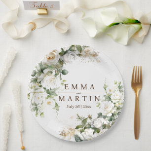 White Roses Wedding Flowers Paper Plate