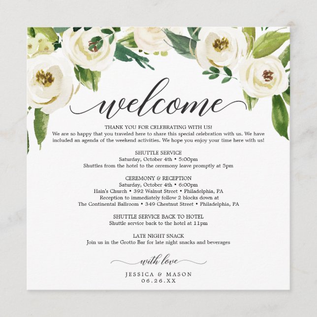 White Roses Wedding Itinerary - Wedding Welcome Program (Front)