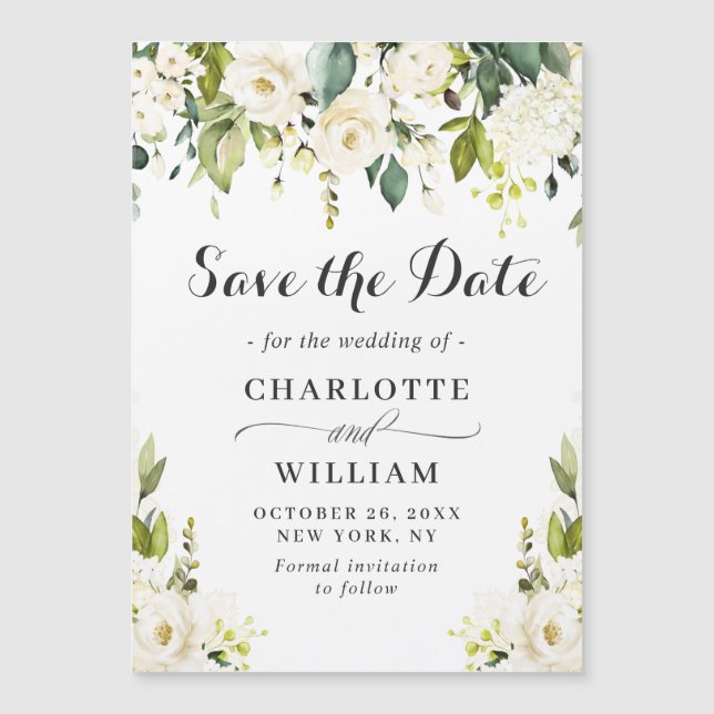 White Roses Wedding Save the Date Magnetic Card (Front)