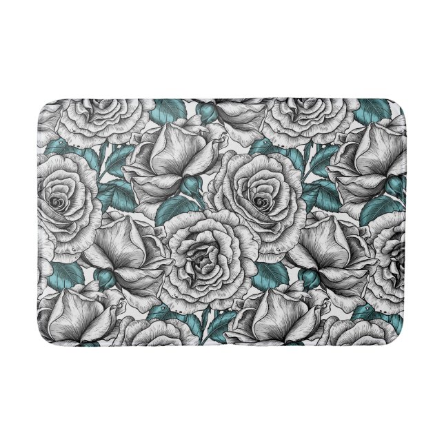 White roses with blue leaves bath mat (Front)