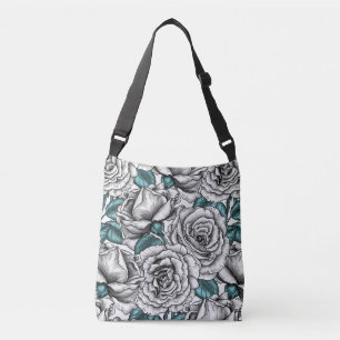 White roses with blue leaves crossbody bag