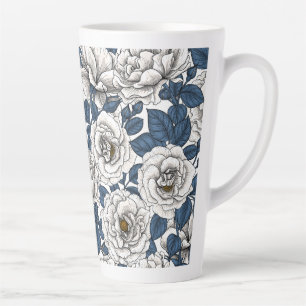 White roses with blue leaves  latte mug