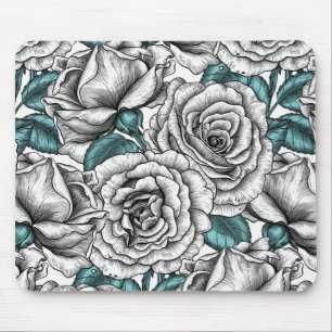White roses with blue leaves mouse pad