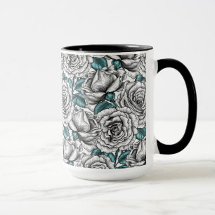 White roses with blue leaves mug