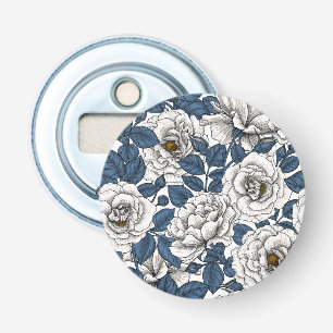 White roses with blue leaves on white bottle opener