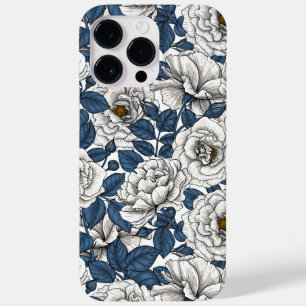 White roses with blue leaves on white Case-Mate iPhone 14 pro max case