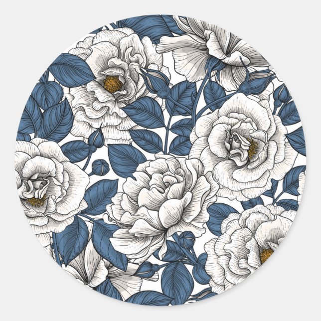 White roses with blue leaves on white classic round sticker (Front)
