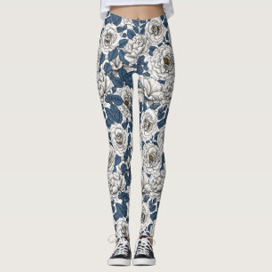 White roses with blue leaves on white leggings
