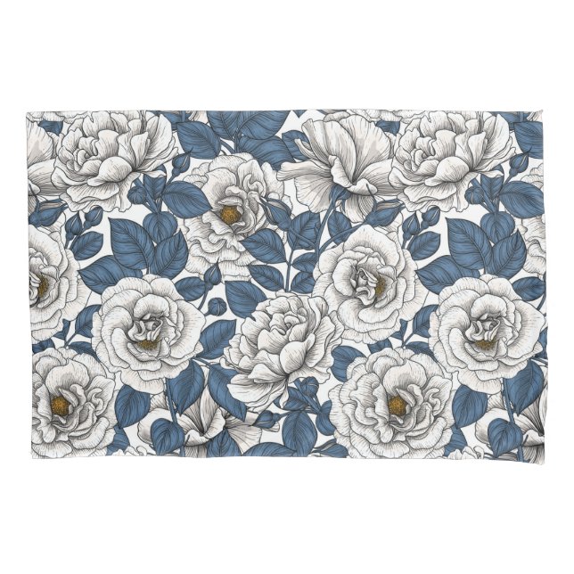 White roses with blue leaves on white pillowcase (Front-Left)
