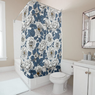 White roses with blue leaves on white shower curtain