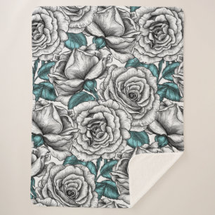 White roses with blue leaves sherpa blanket