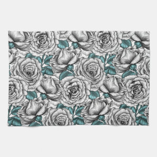 White roses with blue leaves tea towel
