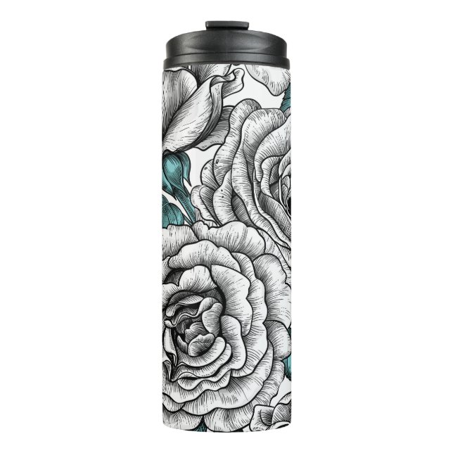 White roses with blue leaves thermal tumbler (Front)