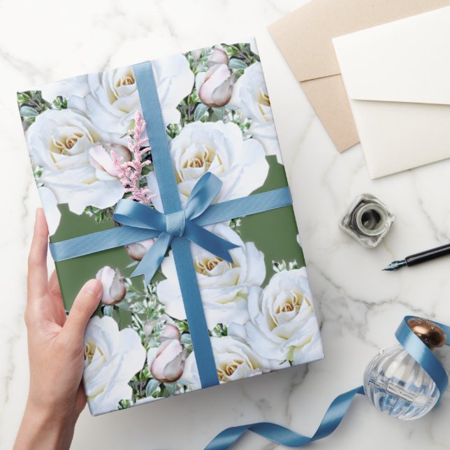 White Roses Wrapping Paper on a Roll (Gifting)