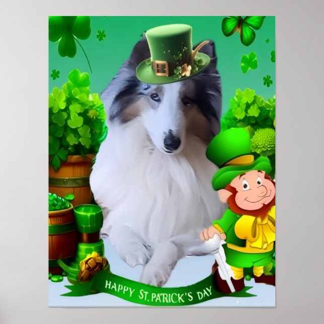 White Rough Collie celebrating St. Patrick's Day Poster (Front)