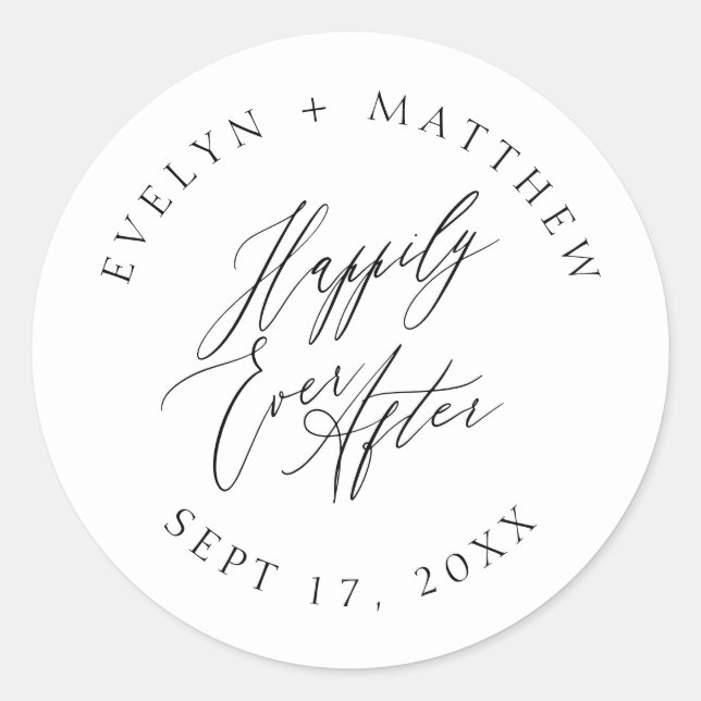 White Round Happily Ever After Calligraphy Wedding Classic Round Sticker (Front)