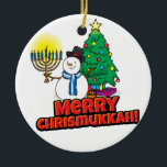 White Round Merry Chrismukkah with Snowman Ceramic Ornament<br><div class="desc">Add these fun interfaith (Hanukkah and Christmas) ornaments to your Chrismukkah celebrations this year. If you celebrate the holidays together, these are a nice touch. This is our design and you won't find it anywhere other than in our store. Chrismukkah is celebrated by people usually in families with both Jewish...</div>