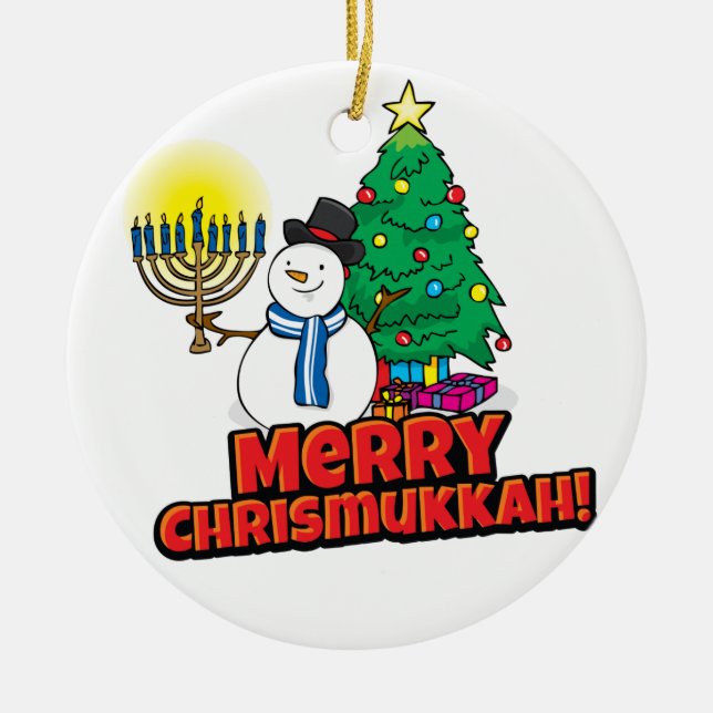 White Round Merry Chrismukkah with Snowman Ceramic Ornament (Front)