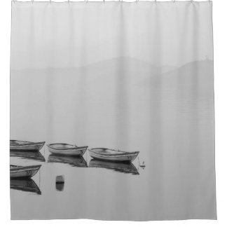 WHITE ROW BOATS INLINE ON BODY OF WATER DURING FOG SHOWER CURTAIN