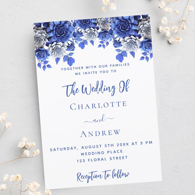 White royal blue florals luxury wedding invitation (Creator Uploaded)