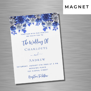 White royal blue florals luxury wedding magnetic invitation