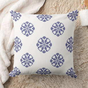 White & Royal Blue Modern Cross Stitch Lace Cushion